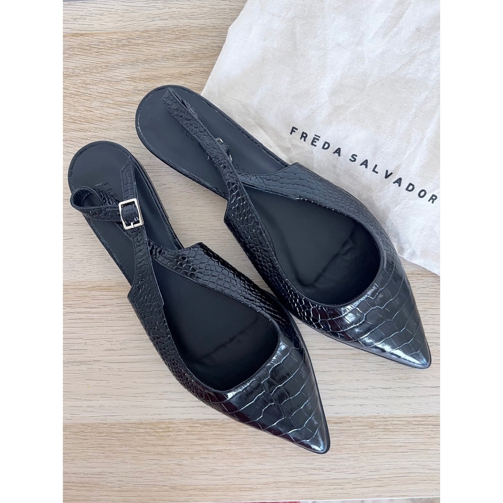 Freda Salvador Marie Slingback Point Flat 8.5 Black Croc Embossed Leather